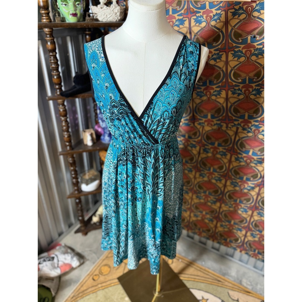 Dream Dance Turquoise Paisley Print V Neck Ruched Waist Sleeveless‎ Dress Small